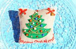 Christmas Cushion, Embroidery Pillow, New Year Line Miniuture Rustic Decorative Pillows, Kids Linen Cushion - thumbnail 1