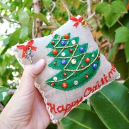 Christmas Cushion, Embroidery Pillow, New Year Line Miniuture Rustic Decorative Pillows, Kids Linen Cushion - thumbnail 3