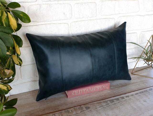 Teal Vegan Leather Lumbar Pillow Cover Decorative Stitch Accent - image 1