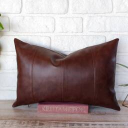 Teal Vegan Leather Lumbar Pillow Cover Decorative Stitch Accent - thumbnail 4