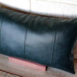 Teal Vegan Leather Lumbar Pillow Cover Decorative Stitch Accent - thumbnail 2