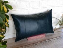Teal Vegan Leather Lumbar Pillow Cover Decorative Stitch Accent
