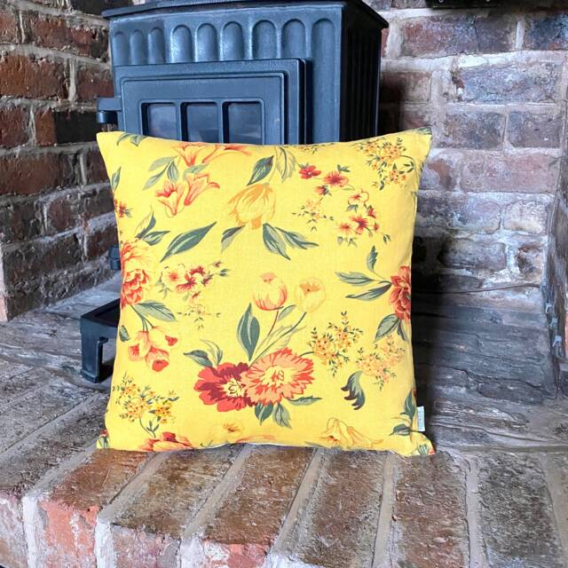72. Handmade Big Roses On Yellow Linen Cotton Cushion Cover. Various Sizes - image 1