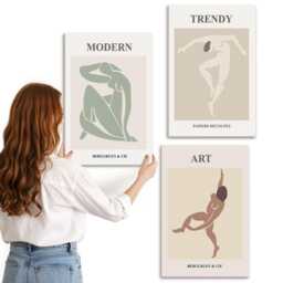3 Piece Canvas Set - Stylish Characters in Minimalist Shades, Beige Large Wall Art, Artwork Decor - thumbnail 3
