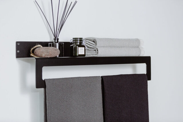 Black Metal Wall Shelf With Towel Bar, Minimalist Kitchen Bathroom - image 1