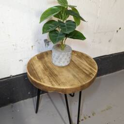 Round Rustic Side/ Coffee Table, With Steel Hairpin Legs - Farmhouse Furniture Reclaimed Wood Industrial End Table Chic Decor - thumbnail 2