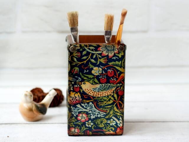 William Morris Strawberry Thief Inspired Wooden Pencil Pot Bohemian Desk Organizer - image 1