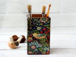 William Morris Strawberry Thief Inspired Wooden Pencil Pot Bohemian Desk Organizer - thumbnail 1
