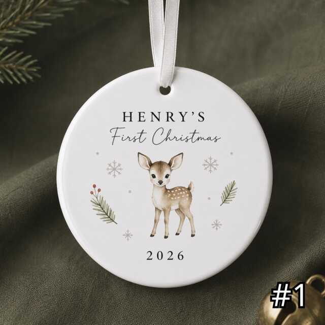 Personalized Baby First Christmas Ornament, Custom Name Fawn Ceramic Keepsake, Woodland Newborn Gift, Baby's 1st 2026 - image 1