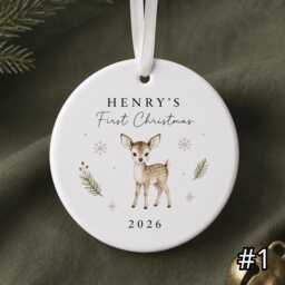 Personalized Baby First Christmas Ornament, Custom Name Fawn Ceramic Keepsake, Woodland Newborn Gift, Baby's 1st 2026 - thumbnail 1