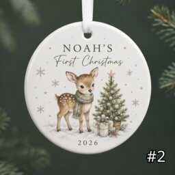 Personalized Baby First Christmas Ornament, Custom Name Fawn Ceramic Keepsake, Woodland Newborn Gift, Baby's 1st 2026 - thumbnail 2