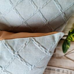 Tan Faux Leather Pillow Cover, Mint Diagonal Pattern Cotton - thumbnail 3