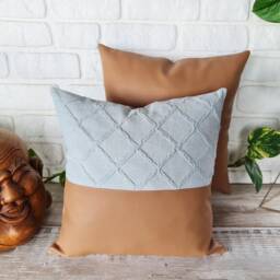 Tan Faux Leather Pillow Cover, Mint Diagonal Pattern Cotton - thumbnail 4
