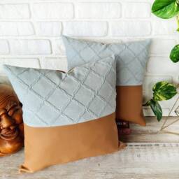 Tan Faux Leather Pillow Cover, Mint Diagonal Pattern Cotton - thumbnail 2