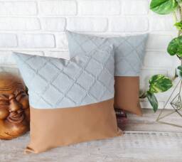 Tan Faux Leather Pillow Cover, Mint Diagonal Pattern Cotton
