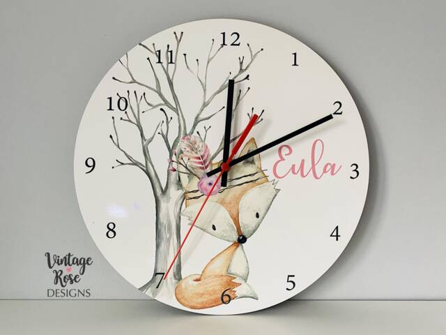 Woodland Fox Wall Clock, Personalised Nursery Decor, Girls Animals, Gift For - image 1