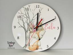 Woodland Fox Wall Clock, Personalised Nursery Decor, Girls Animals, Gift For - thumbnail 1
