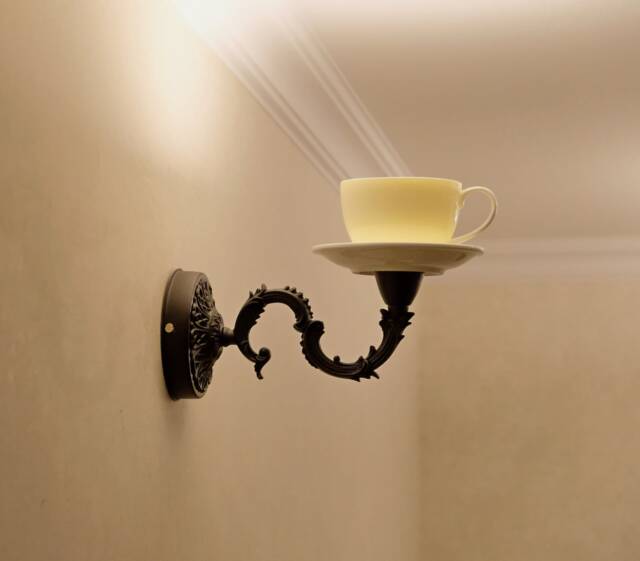 Teacup Wall Sconce, Teaparty Lamp, Modern Cafe Lighting, Alice in Wonderland Fixture - image 1