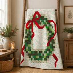 "Festive Wreath Quilt Pattern - Christmas Holiday Throw - 52""x52" - thumbnail 4