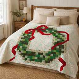 "Festive Wreath Quilt Pattern - Christmas Holiday Throw - 52""x52" - thumbnail 3
