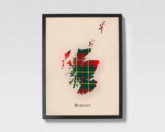 Clan Burnett Scottish Tartan Map - Of Scotland Family Wall Decor, Ready To Hang - image 1