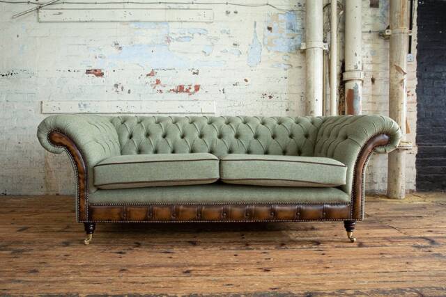 3 Seater Olive Green Chesterfield Sofa. Moon Wool Fabric, With Antique Tan Leather, British Handmade - image 1