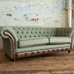 3 Seater Olive Green Chesterfield Sofa. Moon Wool Fabric, With Antique Tan Leather, British Handmade - thumbnail 2