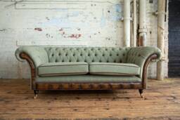 3 Seater Olive Green Chesterfield Sofa. Moon Wool Fabric, With Antique Tan Leather, British Handmade - thumbnail 1