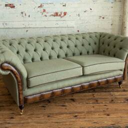 3 Seater Olive Green Chesterfield Sofa. Moon Wool Fabric, With Antique Tan Leather, British Handmade - thumbnail 3