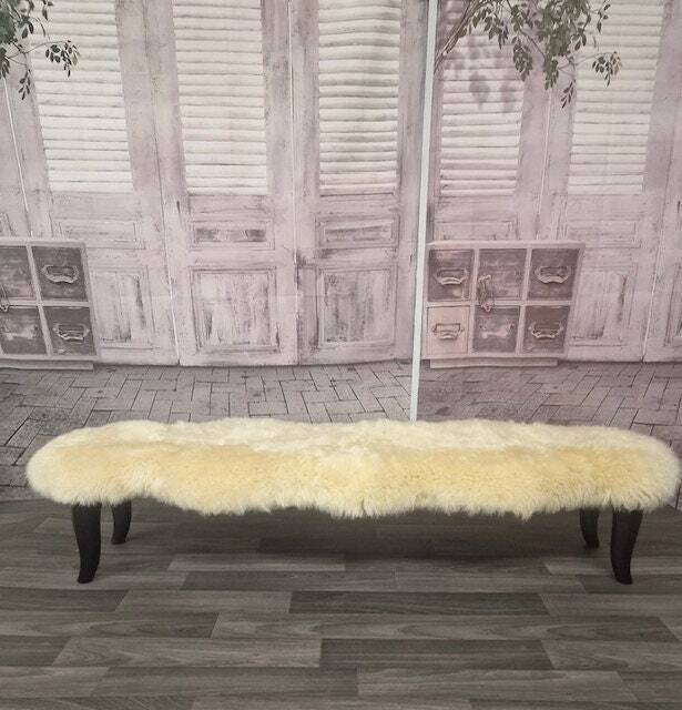 Handmade Cream Sheepskin Bedroom Stool Long Solid Wood Bench - image 1