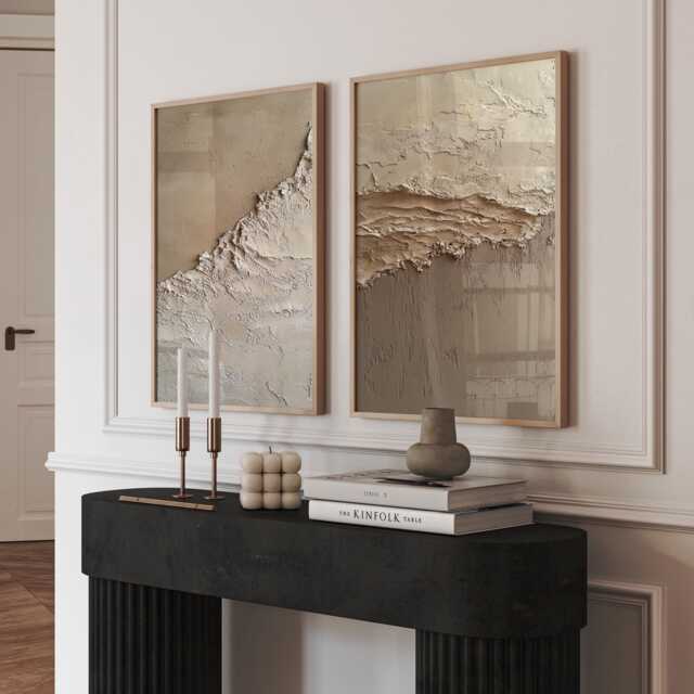 Neutral Textured Wall Art Set Of 2, Minimalist Plaster Abstract Prints, Beige Modern Diptych For Living Room Decor - image 1