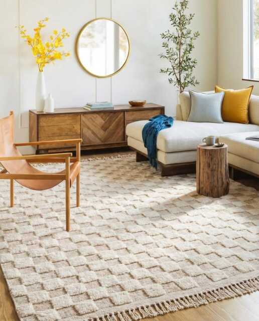 Beige Checkered Shag Rug - Large Area Handmade Berber Wool Carpet Scandi Boho Decor Custom 3D Textured - image 1