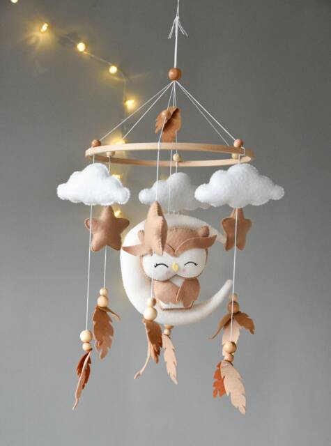 Boho Beige Owl Baby Mobile, Earthy Nursery Decor, Newborn Cot Crib Carousel, Shower Gift Neutral For Boys & Girls - image 1