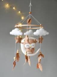 Boho Beige Owl Baby Mobile, Earthy Nursery Decor, Newborn Cot Crib Carousel, Shower Gift Neutral For Boys & Girls - thumbnail 1