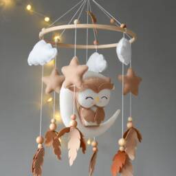 Boho Beige Owl Baby Mobile, Earthy Nursery Decor, Newborn Cot Crib Carousel, Shower Gift Neutral For Boys & Girls - thumbnail 3