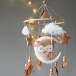 Boho Beige Owl Baby Mobile, Earthy Nursery Decor, Newborn Cot Crib Carousel, Shower Gift Neutral For Boys & Girls - thumbnail 2