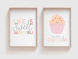 Set Of 2 Cupcake Wall Art, Girls Nursery Print, Life Is Sweet Kitchen Bedroom, Kids Pastel Prints - thumbnail 1