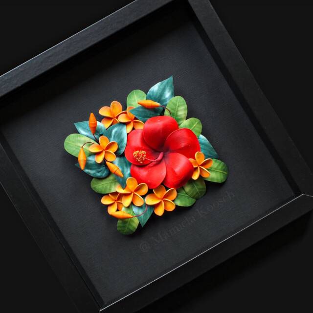 Hibiscus Plumeria Wall Art - Tropical Flowers 3D Paper Quilling Colorful On Black Background Anniversary Gift For Her - image 1