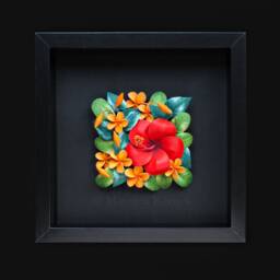Hibiscus Plumeria Wall Art - Tropical Flowers 3D Paper Quilling Colorful On Black Background Anniversary Gift For Her - thumbnail 2