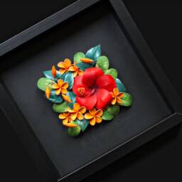 Hibiscus Plumeria Wall Art - Tropical Flowers 3D Paper Quilling Colorful On Black Background Anniversary Gift For Her