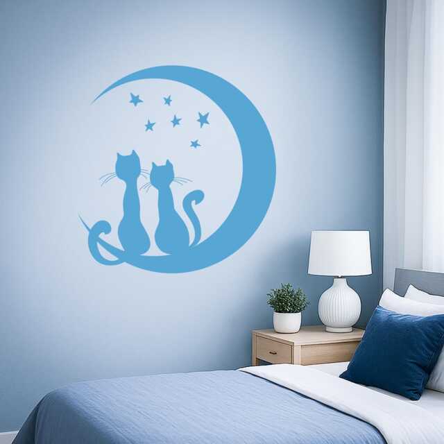 Romantic Cat Wall Decal - Moon & Stars Love Couple Vinyl Sticker For Bedroom, Nursery Or Living Room Decor 1478Dz - image 1