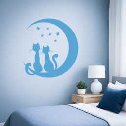 Romantic Cat Wall Decal - Moon & Stars Love Couple Vinyl Sticker For Bedroom, Nursery Or Living Room Decor 1478Dz - thumbnail 1