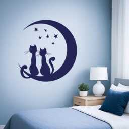 Romantic Cat Wall Decal - Moon & Stars Love Couple Vinyl Sticker For Bedroom, Nursery Or Living Room Decor 1478Dz - thumbnail 2