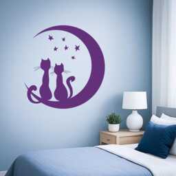 Romantic Cat Wall Decal - Moon & Stars Love Couple Vinyl Sticker For Bedroom, Nursery Or Living Room Decor 1478Dz - thumbnail 3