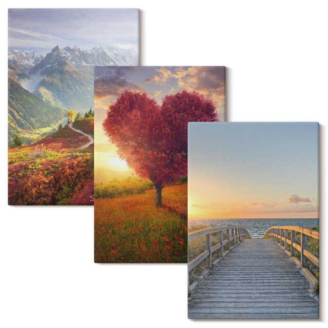 Canvas Wall Art Set Of 3 - Mountain Landscapes Heart-Shaped Tree Pier, Orange Art, Hanging Piece - image 1