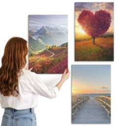 Canvas Wall Art Set Of 3 - Mountain Landscapes Heart-Shaped Tree Pier, Orange Art, Hanging Piece - thumbnail 2
