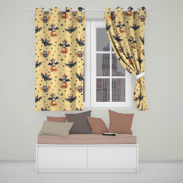 Cute Halloween Bat Pumpkin Star Night Seamless Pattern Pastel Yellow Background Readymade Eyelet Ring Top Thermal 100% Blackout Curtains - image 1