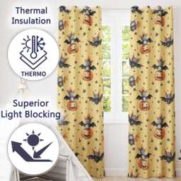 Cute Halloween Bat Pumpkin Star Night Seamless Pattern Pastel Yellow Background Readymade Eyelet Ring Top Thermal 100% Blackout Curtains - thumbnail 3
