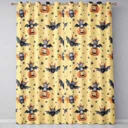 Cute Halloween Bat Pumpkin Star Night Seamless Pattern Pastel Yellow Background Readymade Eyelet Ring Top Thermal 100% Blackout Curtains - thumbnail 2