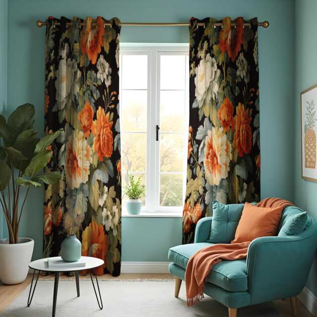 Farmhouse Floral Curtain, Orange & White Flowers Drape, Botanical Window Treatment, Custom Size Available, Made To Order Soft Curtain Panels - image 1